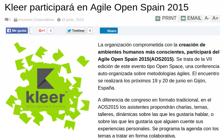 Kleer participará en Agile Open Spain 2015